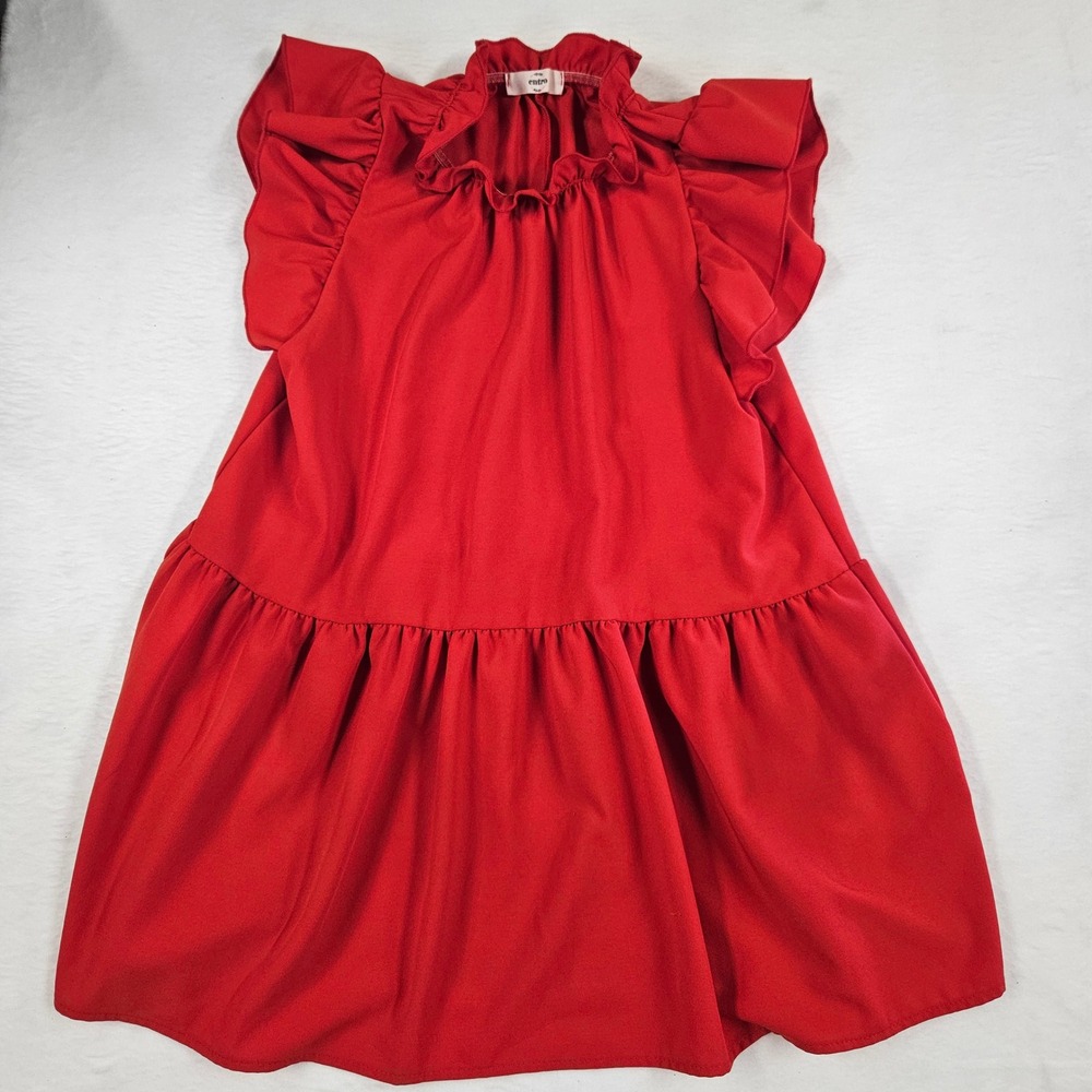 Entro Red Ruffle Neck Flutter Sleeve Tiered Babydoll‎ Mini Dress Womens Small - Picture 2 of 8